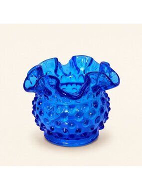 Fenton Hobnail Art Glass Rose Bowl Cobalt Blue Vintage Ruffled Edge Small Vase